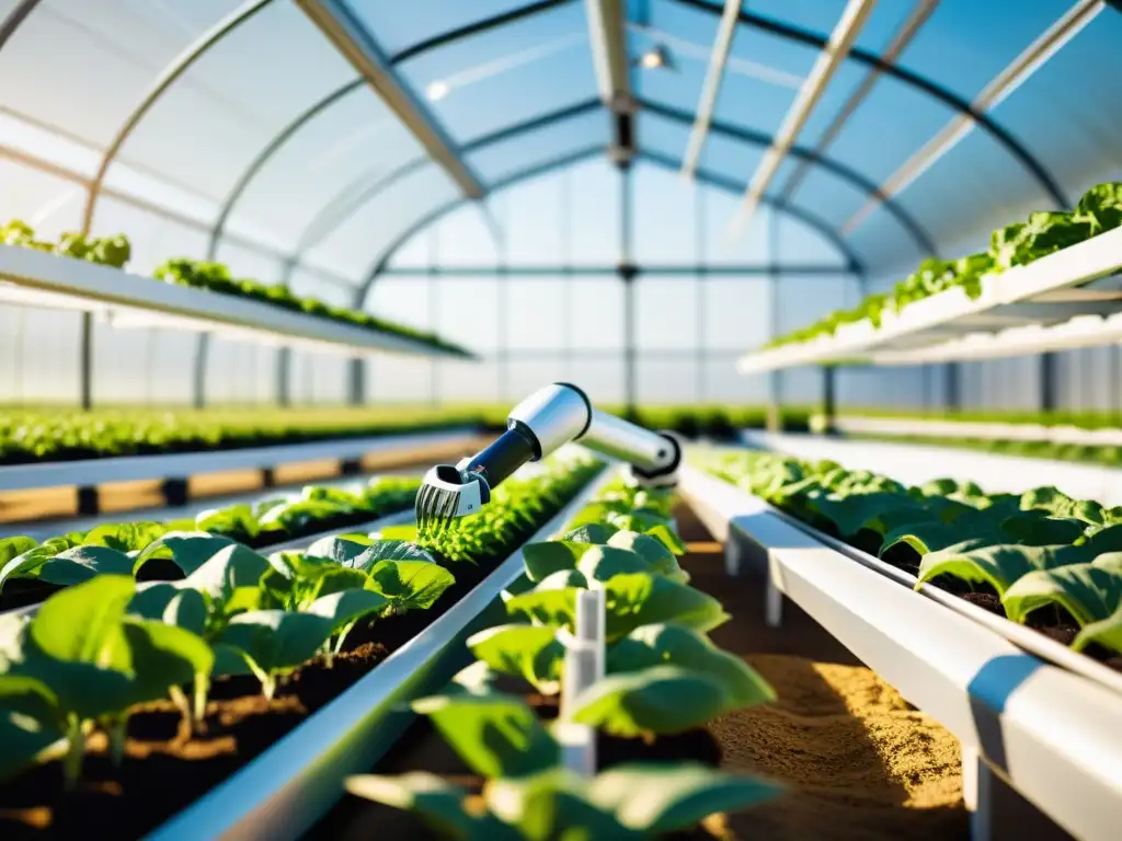 Robótica en la agricultura orgánica: Un brazo robótico elegante atiende cultivos en un invernadero soleado, fusionando tecnología y naturaleza