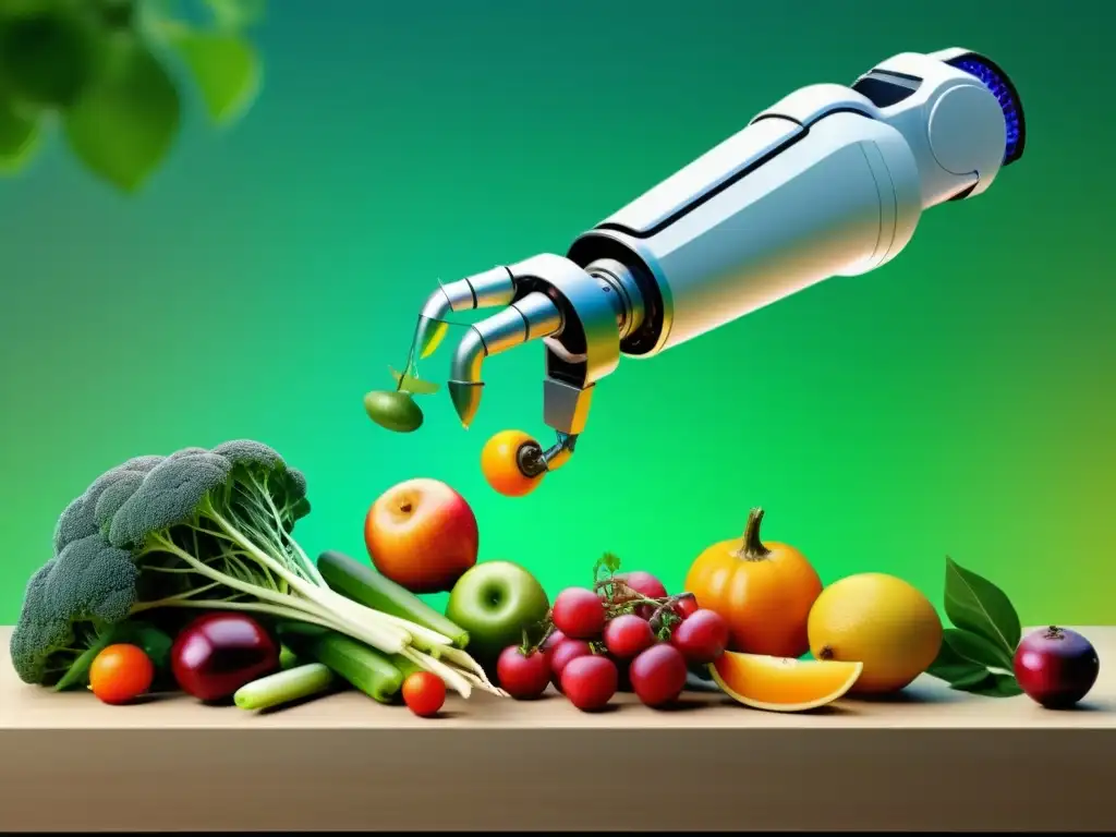 Robótica en Agricultura Orgánica: Un brazo robótico recolecta frutas y verduras en un jardín exuberante, fusionando tecnología y naturaleza