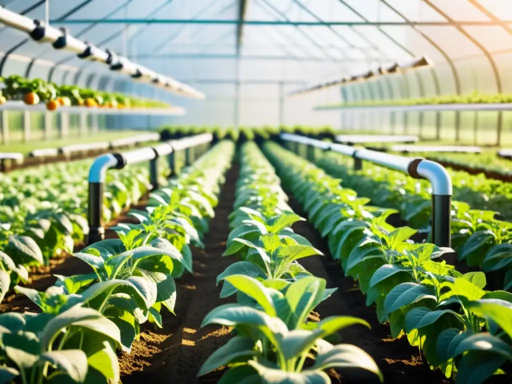 Robótica en la agricultura orgánica: Brazos robóticos cuidan con precisión cultivos vibrantes en un invernadero iluminado por luz natural