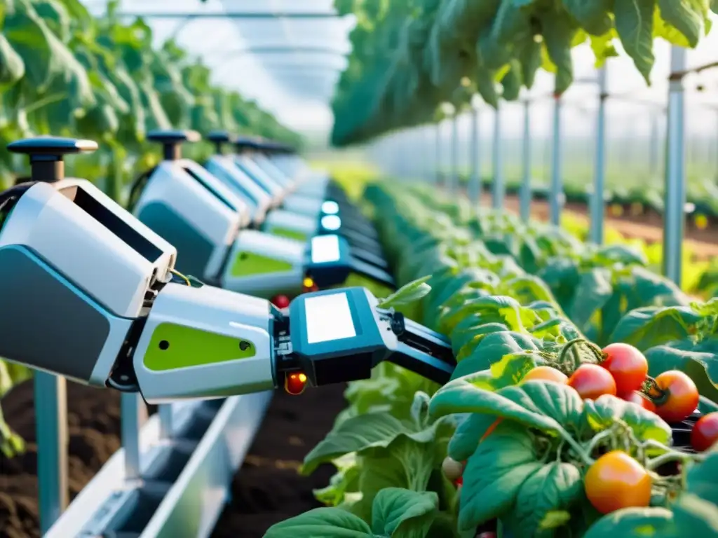 Robótica en la Agricultura Orgánica: Brazos robóticos cosechando tomates y lechugas en un campo soleado, fusionando tecnología y naturaleza