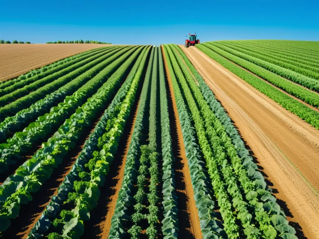 Robótica en agricultura orgánica: Robots y humanos trabajan en armonía en una granja orgánica, bajo un cielo azul claro y filas de cultivos verdes