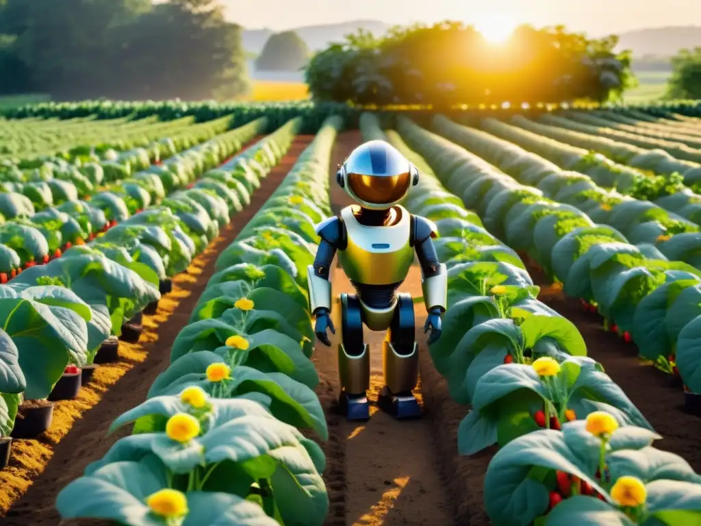 Robótica de servicio para agricultura orgánica: un robot autónomo cuida suavemente los cultivos en una granja orgánica exuberante y armoniosa, bañada por la cálida luz del sol y con abejas polinizando las flores