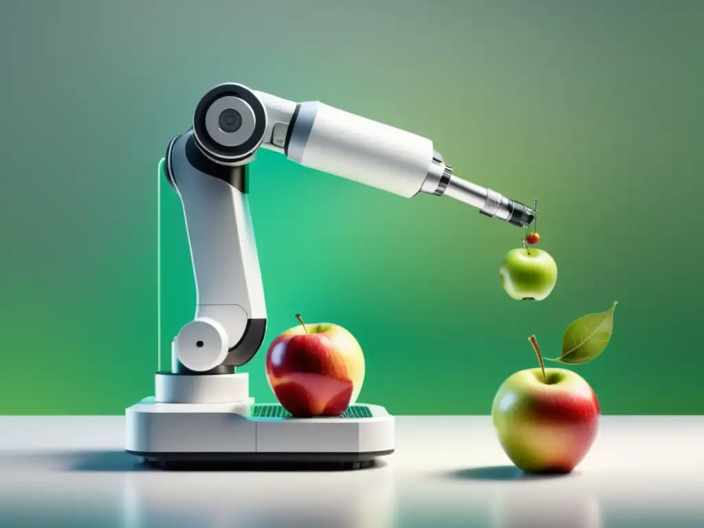 Robótica en certificación de alimentos orgánicos: Ilustración de un brazo robótico inspeccionando una manzana fresca en un laboratorio moderno y orgánico