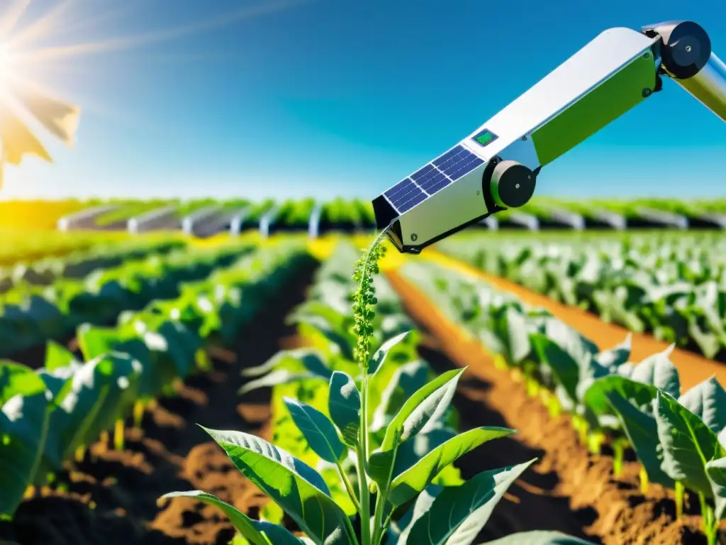 Robots alimentados con energías renovables en la agricultura orgánica: brazo robótico solar cuidando cultivos verdes en un campo soleado