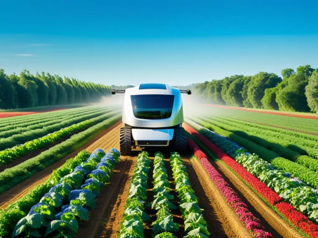 Robots alimentados con energías renovables trabajando en una granja orgánica, bajo un cielo azul y rodeados de naturaleza exuberante