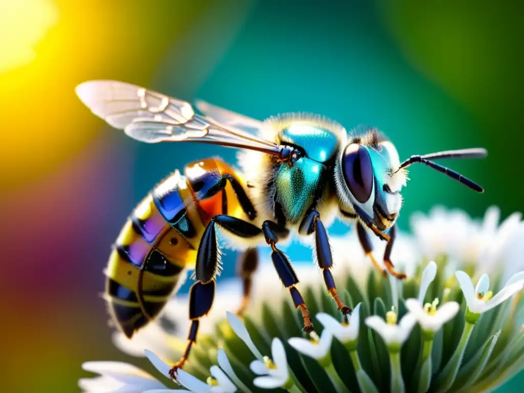 Robots polinizadores en agricultura orgánica: Pequeña abeja robótica cerca de una flor vibrante en un campo verde y sereno