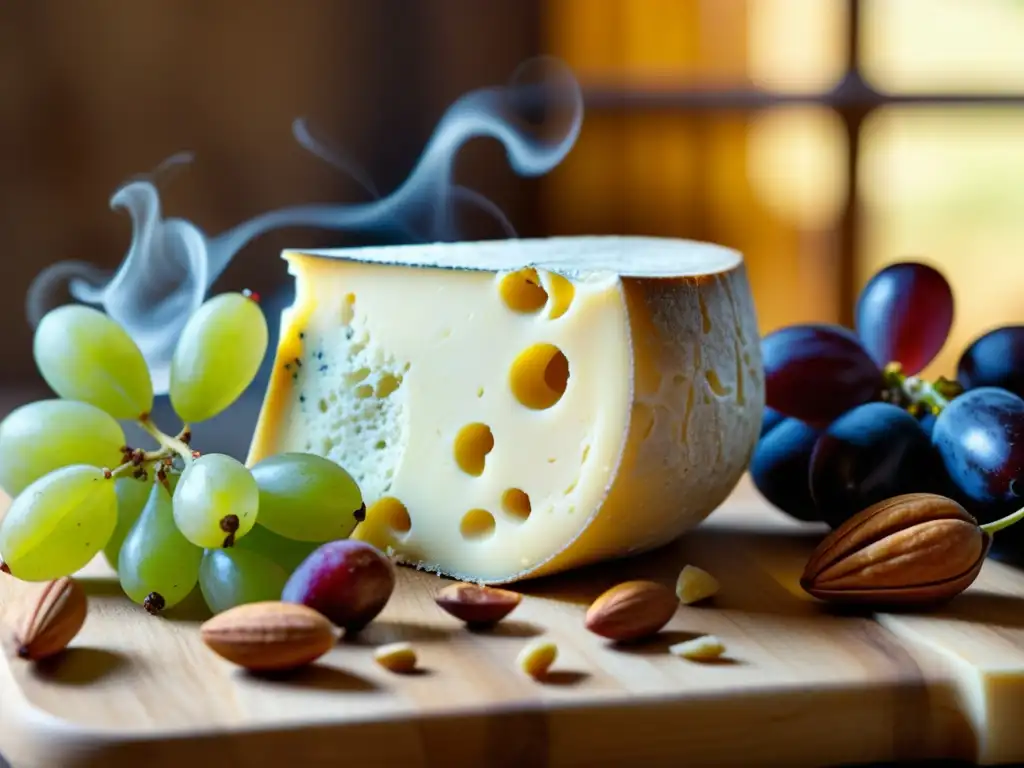 Una rueda de queso orgánico blanco, con humo delicado