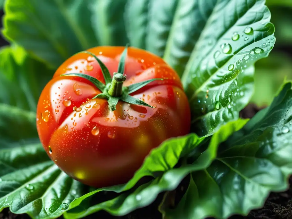 Una sabrosa y jugosa imagen de un tomate orgánico sobre hojas verdes de lechuga