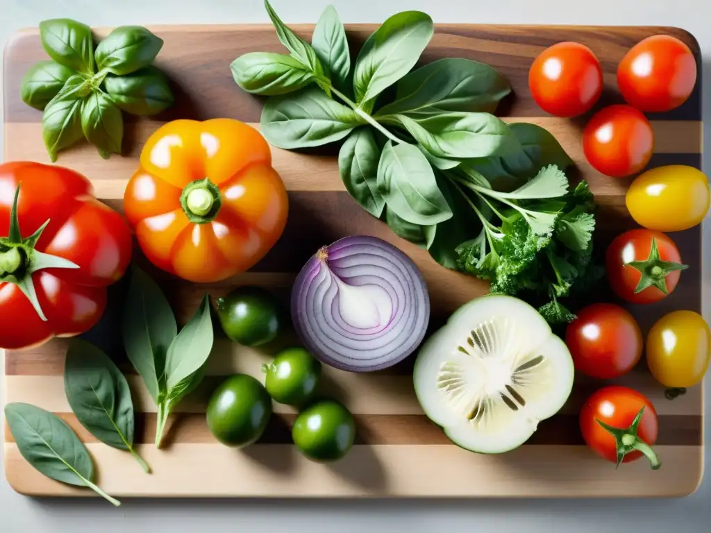 Salsas y aderezos orgánicos caseros: Detalle de tabla de cortar con hierbas y vegetales frescos en armoniosa composición