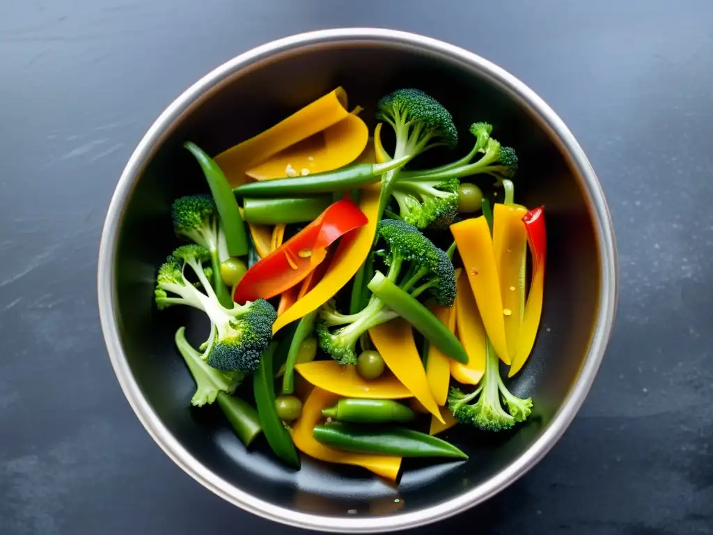 Un salteado de vegetales orgánicos en wok asiático, exudando colores y aromas frescos