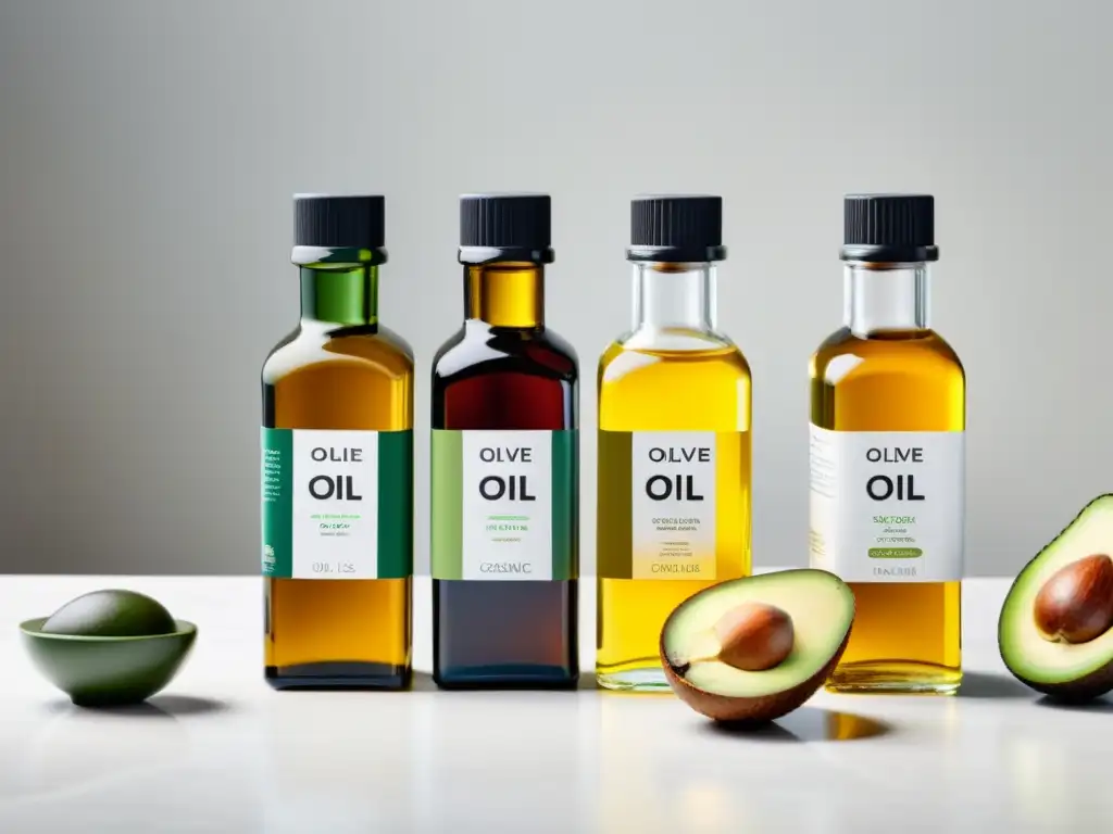 Una selección de aceites orgánicos beneficiosos, como aceite de oliva, coco y aguacate, sobre una elegante encimera blanca