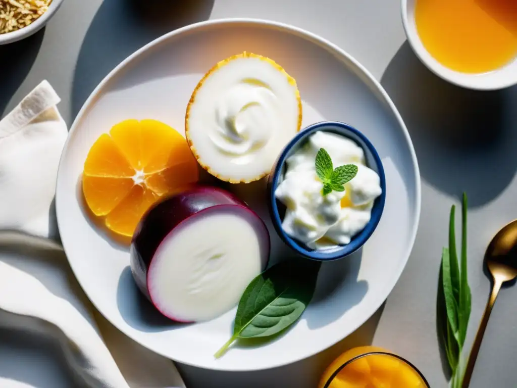 Una selección de alimentos orgánicos ricos en probióticos, como yogurt, kéfir, chucrut y kombucha, presentados con colores vibrantes y texturas variadas en un plato blanco