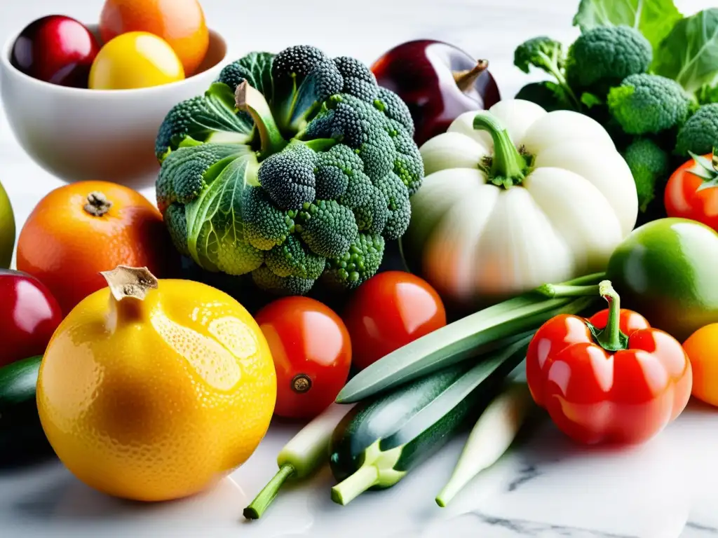 Selección de frutas y verduras orgánicas en hermosa presentación sobre mármol blanco, evocando frescura y técnicas para preservar los beneficios de alimentos orgánicos