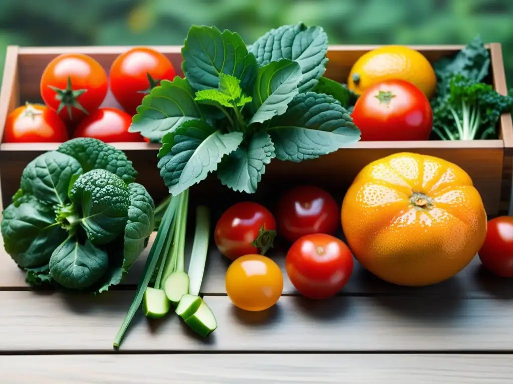 Una selección de frutas y verduras orgánicas frescas en una mesa de madera, irradiando vitalidad y beneficios para la salud mental