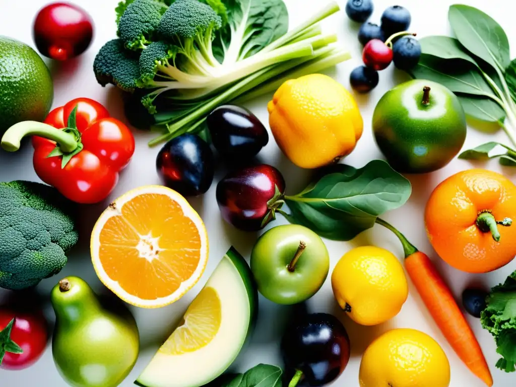 Una selección variada de frutas y verduras orgánicas, con colores vibrantes y texturas llamativas, sobre una superficie blanca moderna