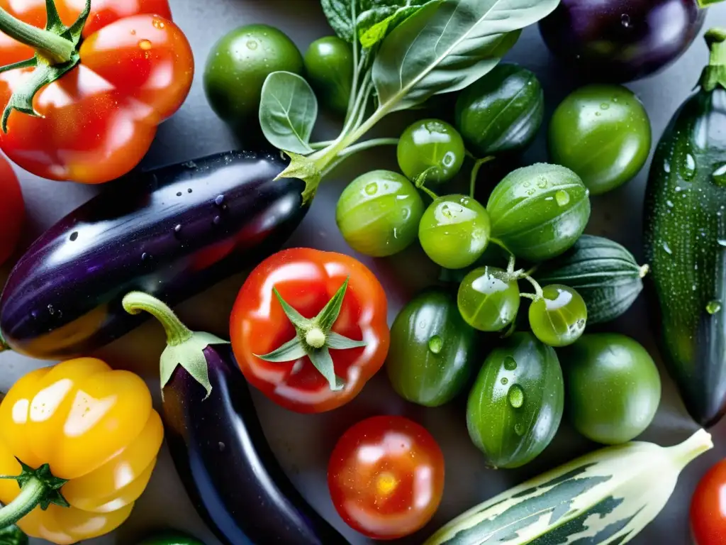 Una selección de vegetales mediterráneos orgánicos frescos, brillantes con gotas de rocío bajo la luz suave de la mañana