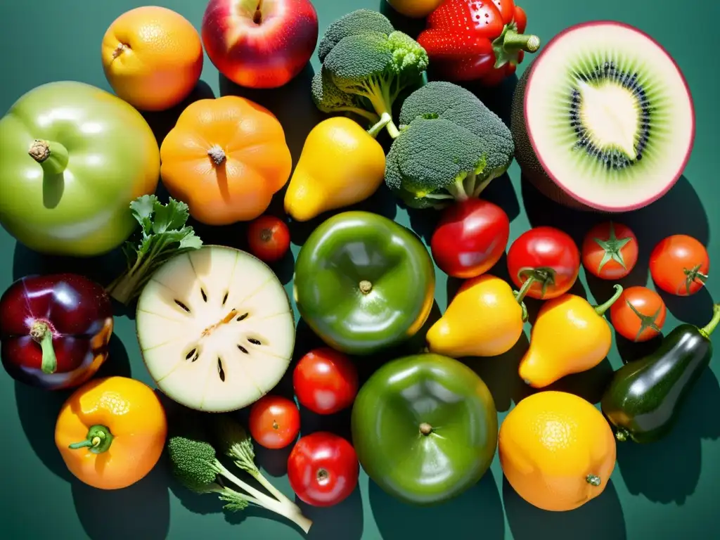 Una selección vibrante y fresca de frutas y verduras orgánicas, resaltando sus beneficios salud alimentos orgánicos