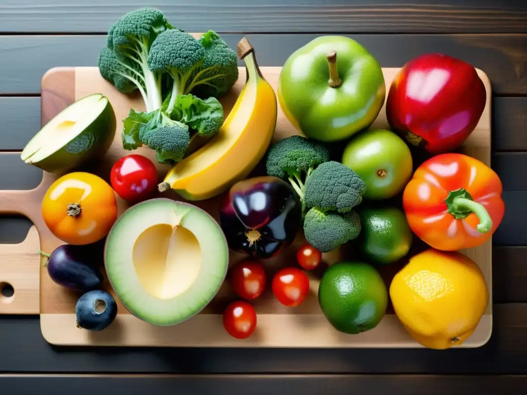 Una selección vibrante de frutas y verduras orgánicas frescas, dispuestas con armonía en una tabla de cortar de madera