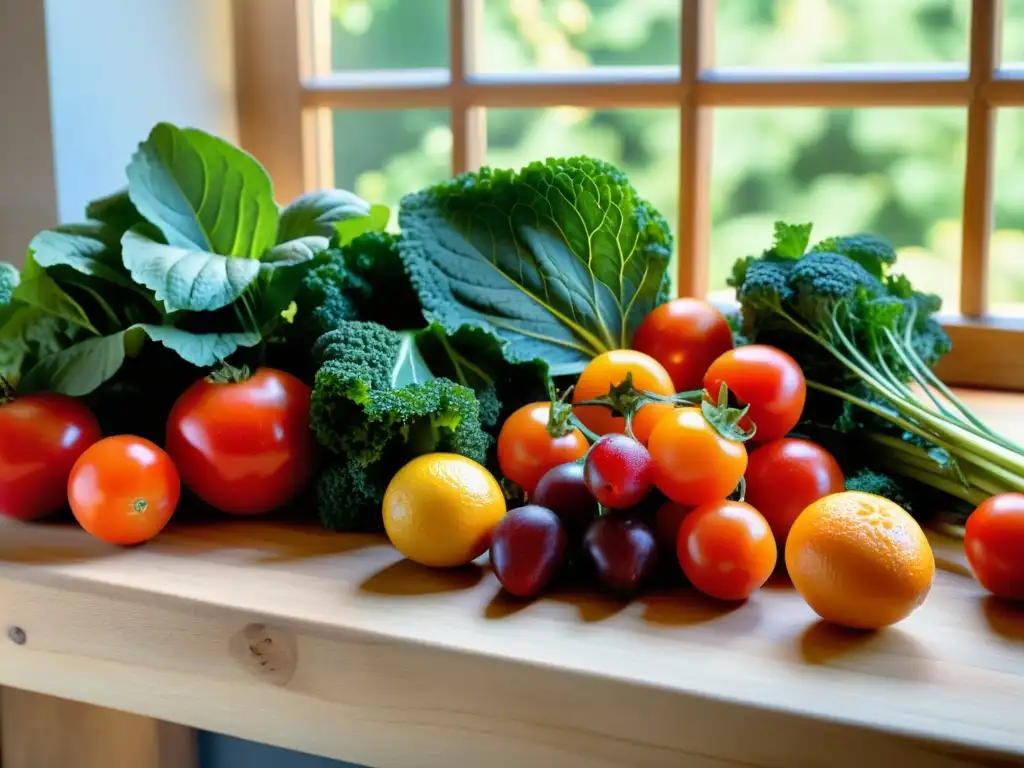 Una selección vibrante de frutas y verduras orgánicas en una tabla de madera rústica, bañada por la luz del sol