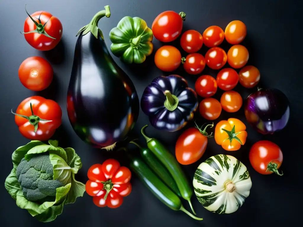 Una selección vibrante de frutas y verduras orgánicas recién cosechadas en un patrón simétrico sobre una superficie mate negra