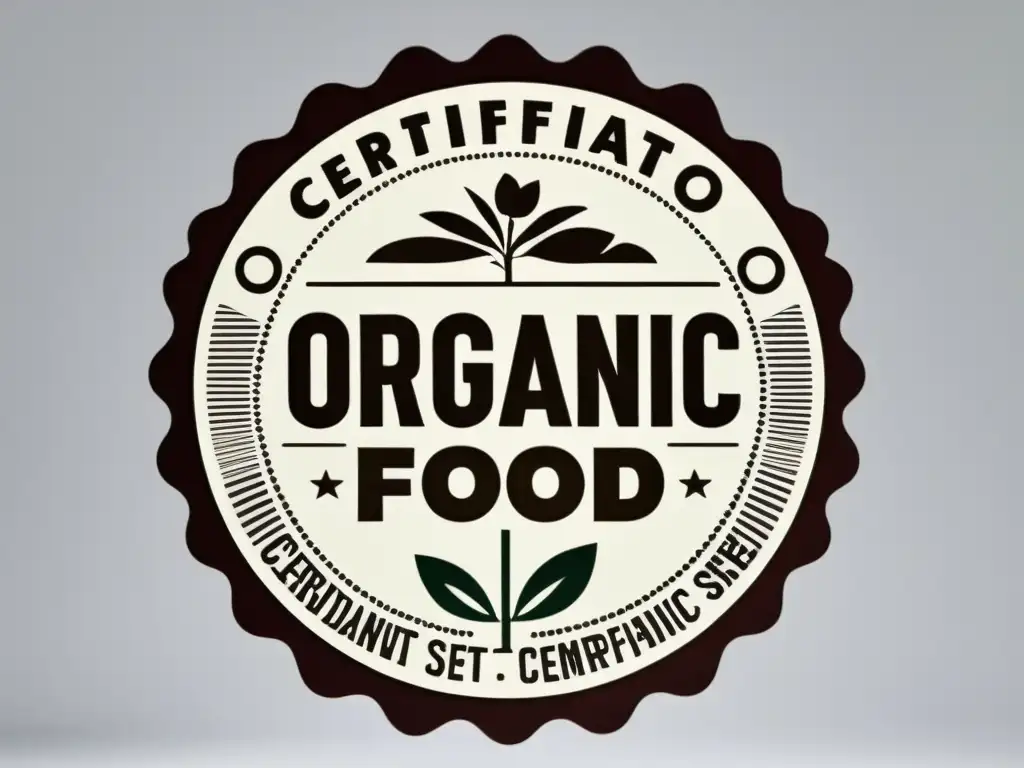 Un sello de certificación para alimentos orgánicos, con detalles intrincados y un diseño minimalista sobre fondo blanco