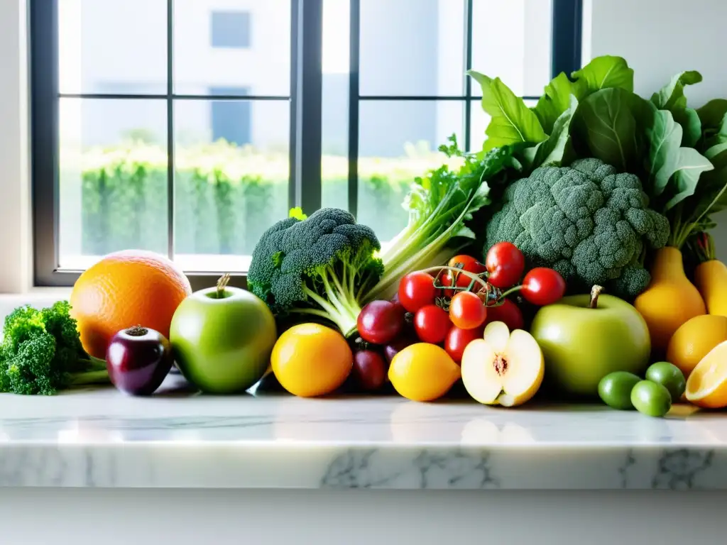 Planificación de menús semanales con alimentos orgánicos y opciones sin gluten, en una hermosa y colorida presentación de frutas y verduras frescas en una encimera de mármol blanco