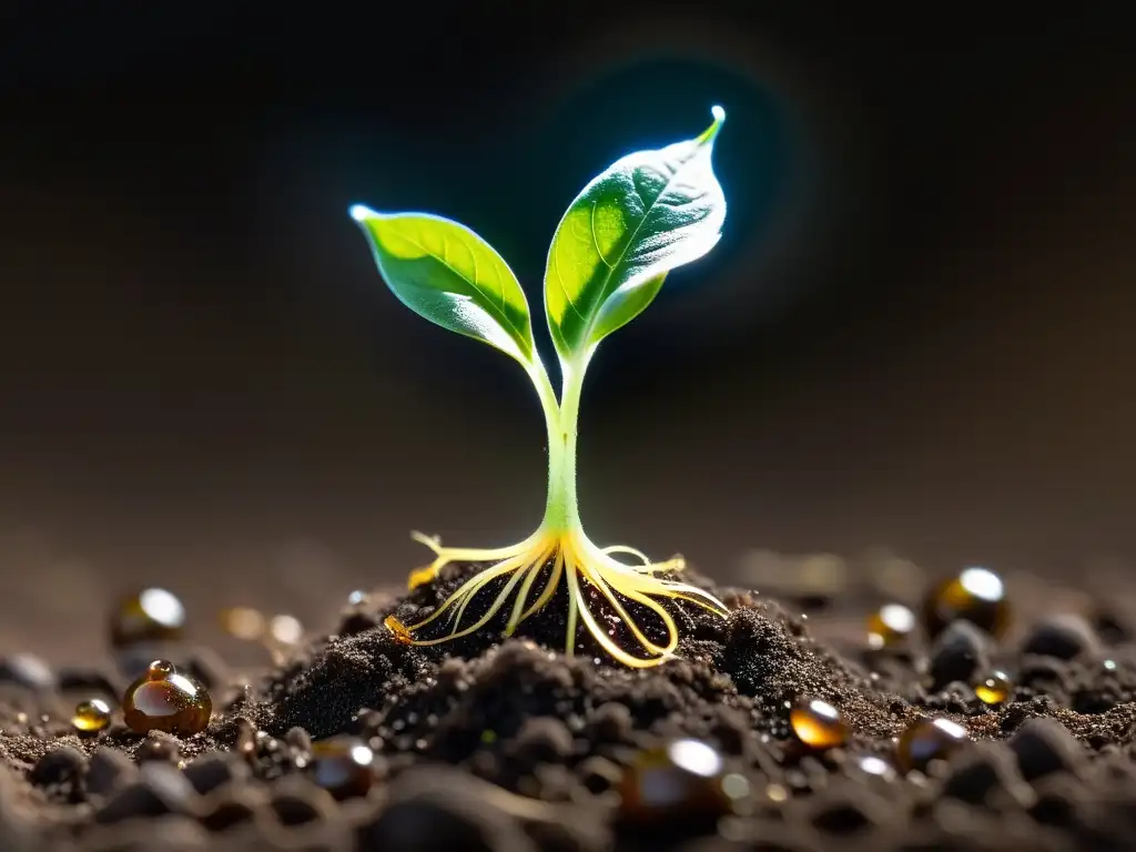 Semilla orgánica germinando en suelo fértil, con raíces delicadas desplegándose y gotas de agua