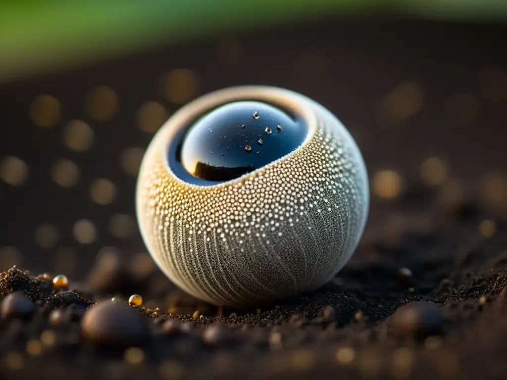 Semilla orgánica en suelo fértil con gotas de agua, reflejando luz natural