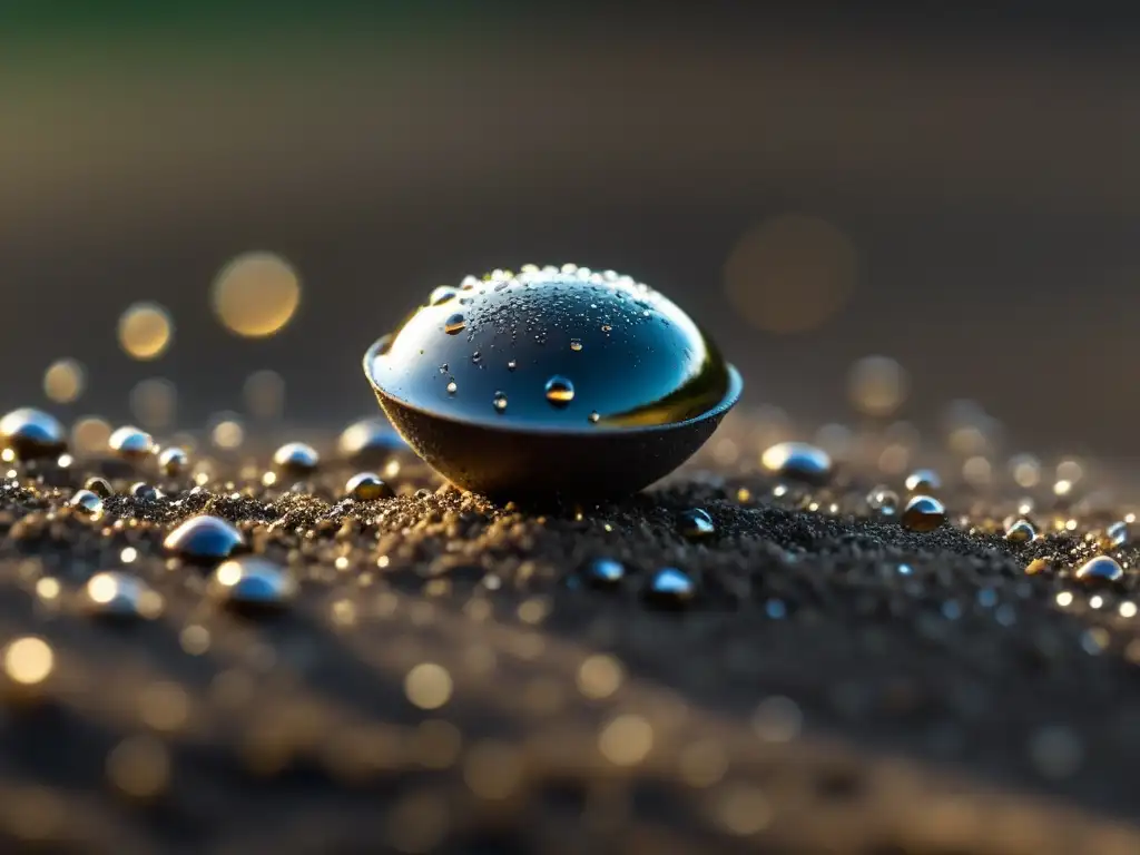 Una semilla orgánica descansa sobre tierra fértil, con gotas de agua brillando en su superficie