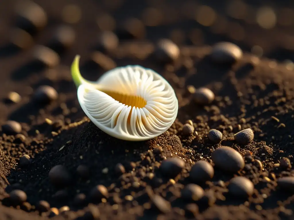 Semilla orgánica y tierra húmeda, iluminadas por luz suave