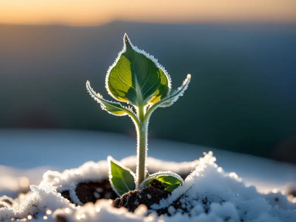 Semillas orgánicas zonas heladas: Detalle de plántula de girasol emergiendo de suelo nevado con cristales de hielo y suave luz del amanecer