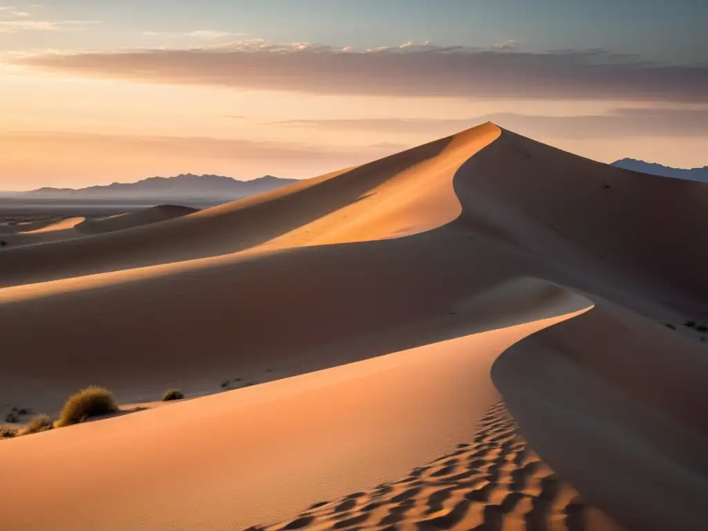 Una serena puesta de sol en un paisaje desértico, con luz dorada y sombras largas sobre las dunas