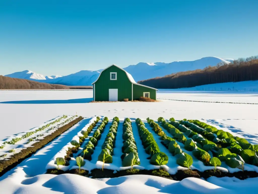 Un sereno cultivo orgánico en la tundra: verduras verdes sobre la nieve, con la cálida luz del sol y el reflejo azul del cielo en un estanque helado