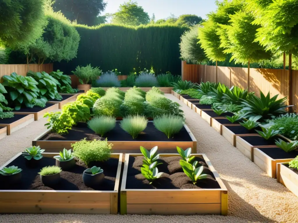 Un sereno huerto orgánico con plantas vibrantes y abundancia natural