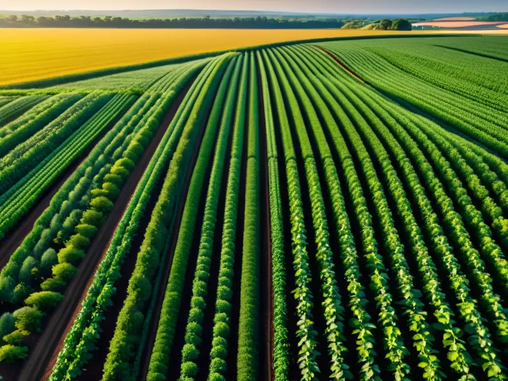 Siembra robótica para agricultura orgánica: Naturaleza y tecnología en armonía, con campos verdes y brazos robóticos sembrando semillas