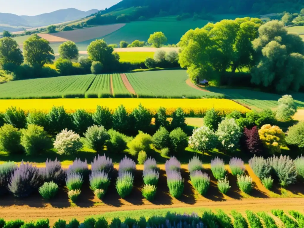 Un sistema agroforestal bañado por el sol con árboles frutales, cultivos verdes y flores silvestres