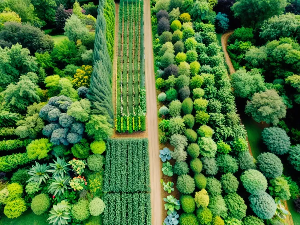 Un sistema agroforestal exuberante con árboles frutales, huertos y senderos