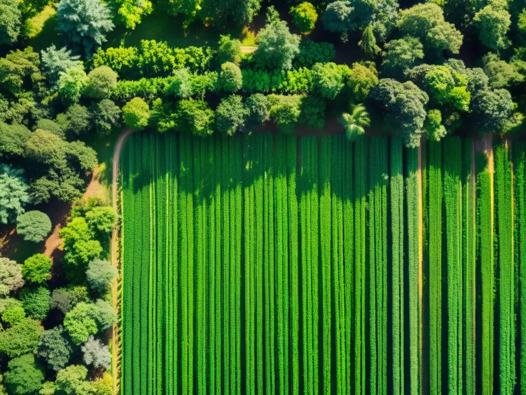 Un sistema agroforestal exuberante con cultivos organizados entre altos árboles