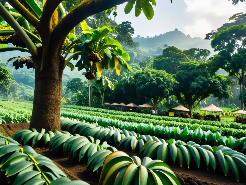 Un sistema agroforestal exuberante con una diversidad de cultivos bajo la sombra de altos árboles