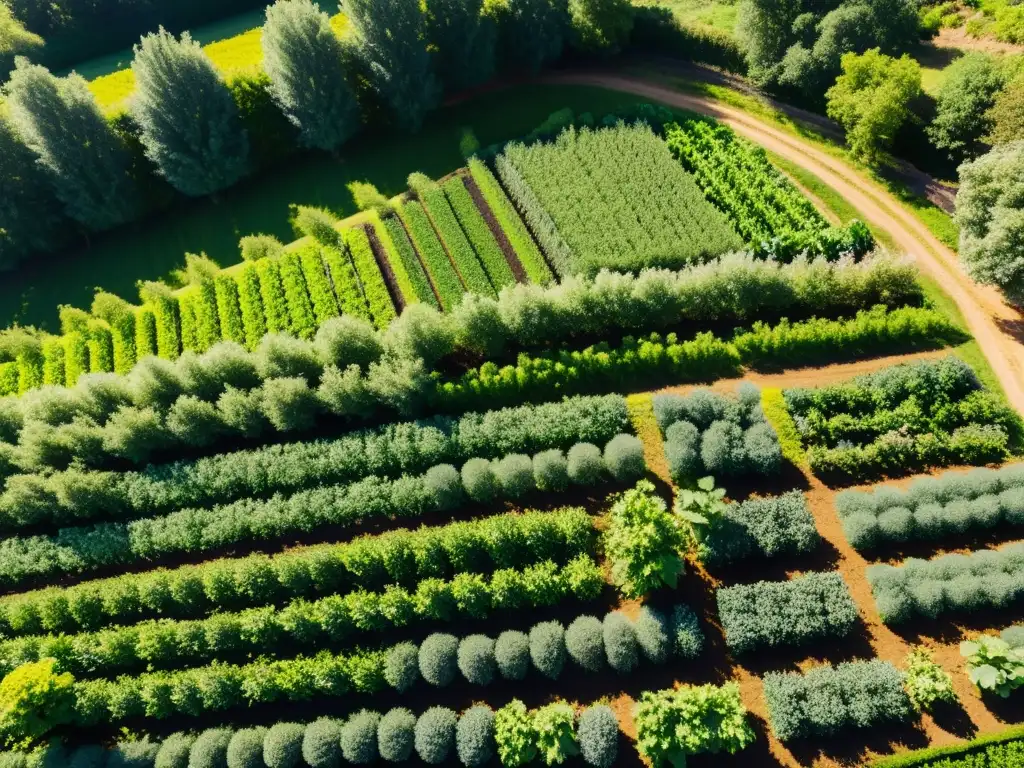 Un sistema agroforestal exuberante y diverso con árboles frutales, huertos vibrantes y una variedad de cultivos intercalados