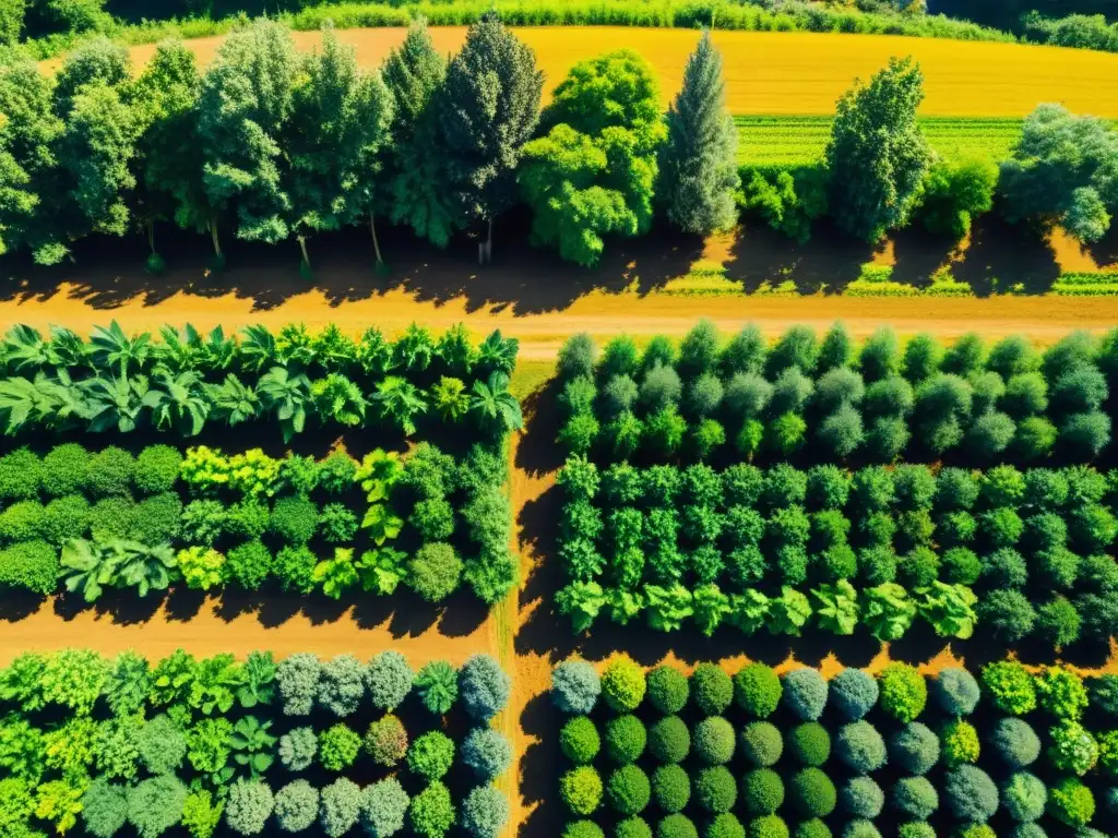 Armonía agrícola: agroforestería biodiversa y sostenible Un sistema agroforestal exuberante y vibrante con una variedad de árboles, cultivos y vegetación en armonía