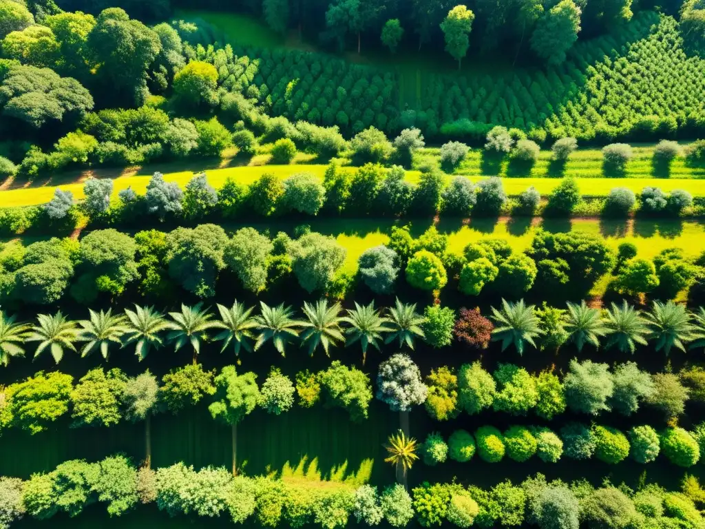 Un sistema agroforestal exuberante y vibrante, mostrando la armonía entre árboles altos, cultivos coloridos y vegetación diversa