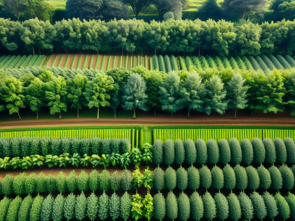 Un sistema agroforestal orgánico armonioso y exuberante, con filas de árboles frutales y cultivos