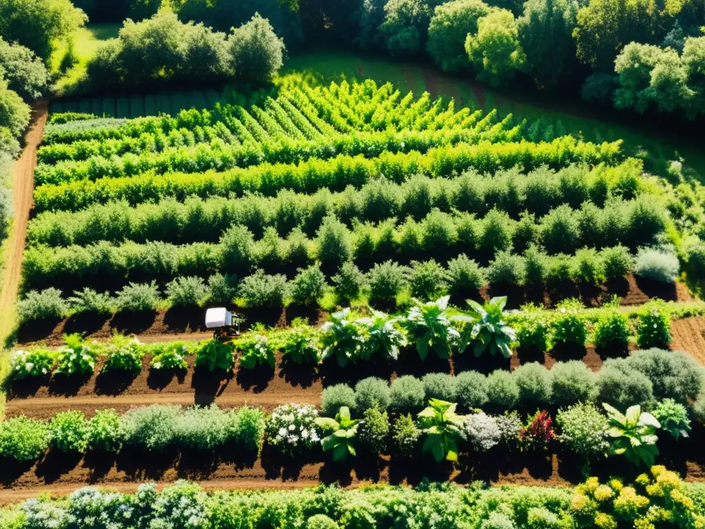 Un sistema de agroforestería exuberante y vibrante con árboles frutales, vegetales y hierbas