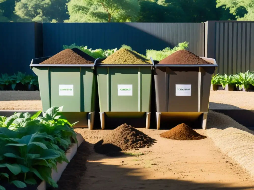 Un sistema de compostaje moderno y armonioso en una granja, con contenedores ordenados rodeados de exuberante vegetación