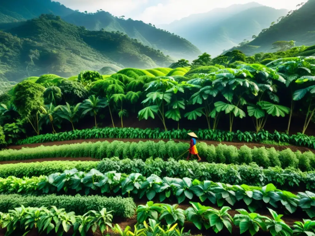 Un sistema exuberante de agroforestería con cultivos vibrantes bajo la sombra de altos árboles