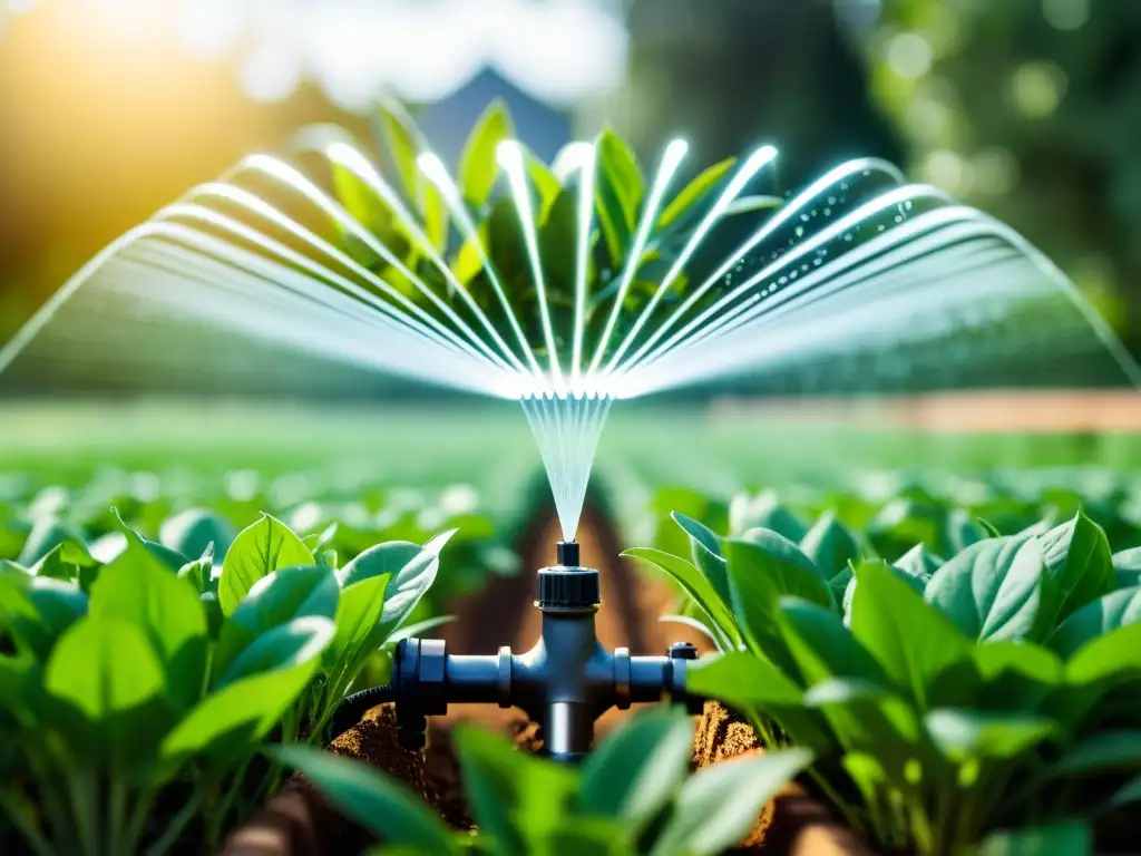 Sistema de riego inteligente orgánico en jardín exuberante, integrando tecnología y naturaleza con eficiencia y belleza