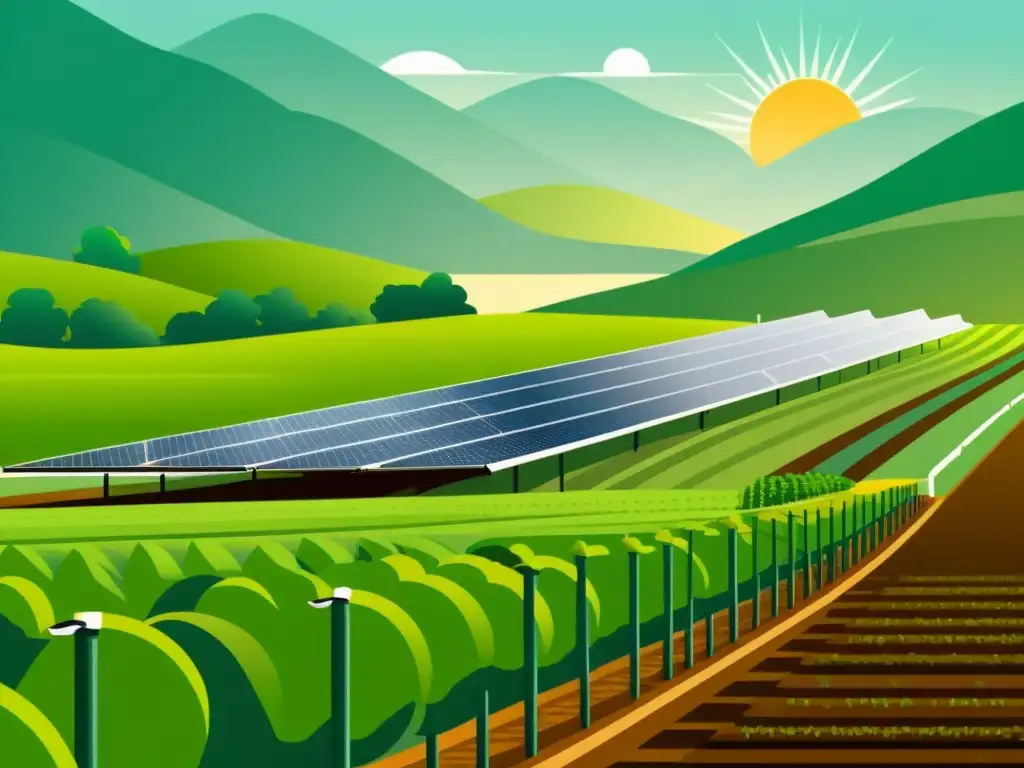 Un sistema de riego solar en una granja orgánica, ilustrando los beneficios de energías renovables en agricultura orgánica