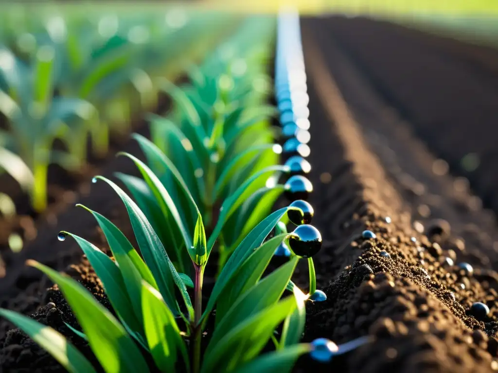 Sistema de riego sostenible en agroforestería: gotas de agua caen sobre cultivos verdes en suelo oscuro, reflejando luz solar