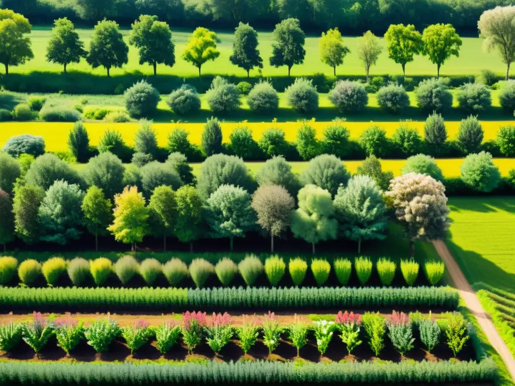 Un sistema de agroforestería vibrante con árboles frutales y cultivos entretejidos, creando un paisaje agrícola diverso y armonioso